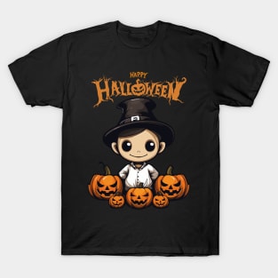 Cute Boy in Witch Hat and Spooky Pumpkin, Happy Halloween T-Shirt